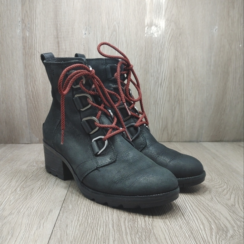 SOREL Cate Lace Booties Black Leather Waterproof  D-ring Rain LL5361-010 US 8